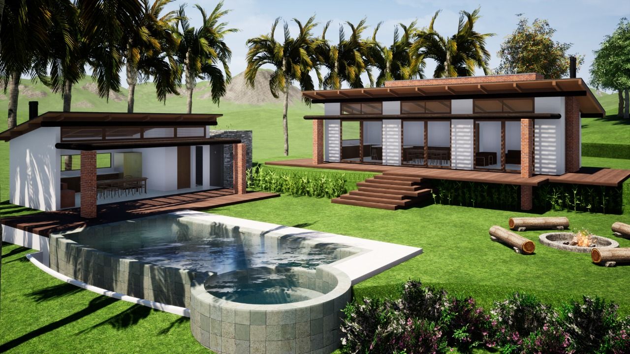 Projeto de casa na planta Goa — piscina, deck e fogueira com as montanhas ao fundo